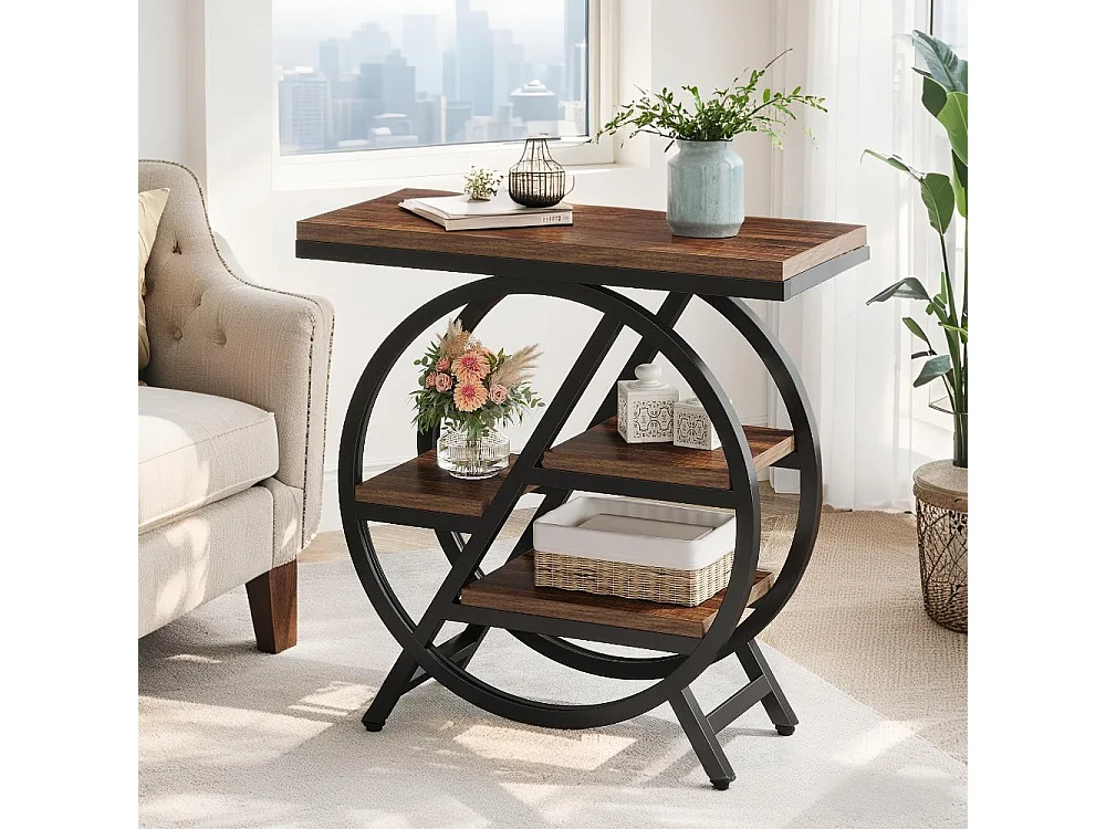 Table d'appoint étroite à 3 niveaux pour salon, table d'appoint en bois avec cadre géométrique en métal, chevet industriel et chevet pour chambre
