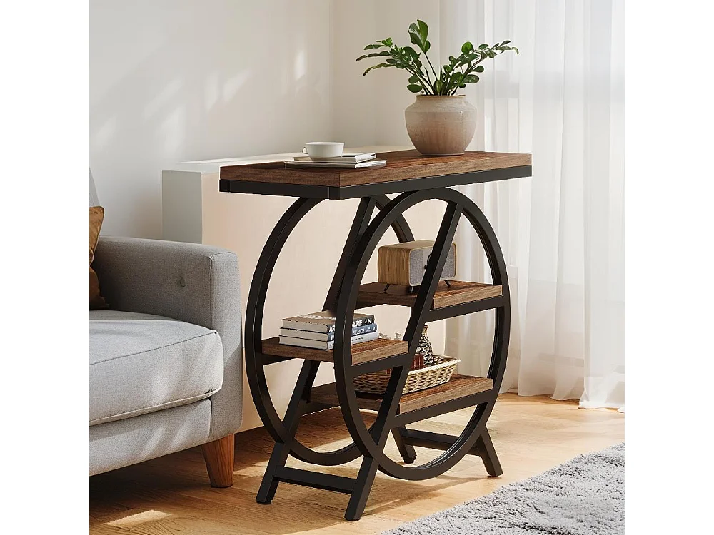 Table d'appoint étroite à 3 niveaux pour salon, table d'appoint en bois avec cadre géométrique en métal, chevet industriel et chevet pour chambre