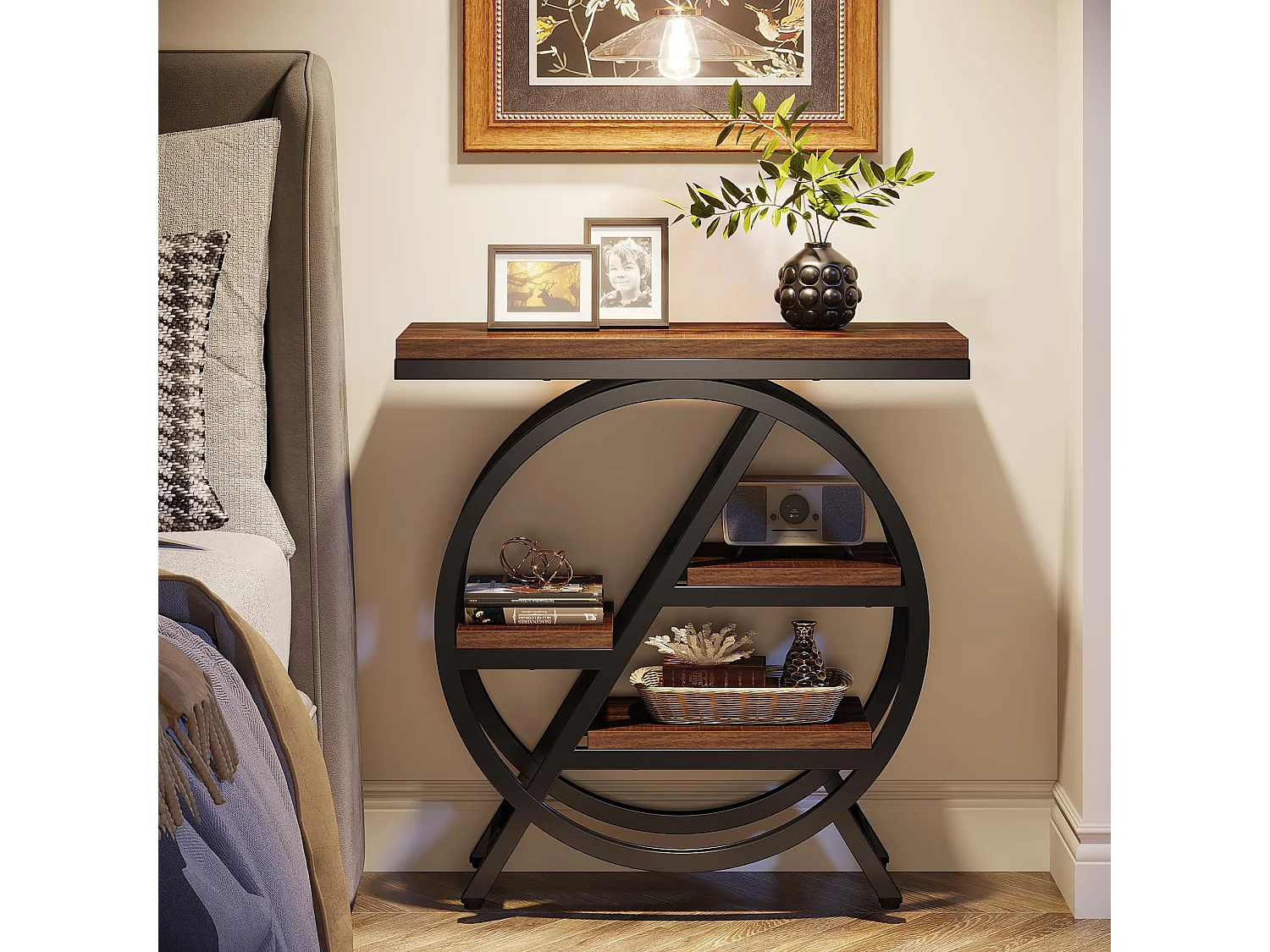 Table d'appoint étroite à 3 niveaux pour salon, table d'appoint en bois avec cadre géométrique en métal, chevet industriel et chevet pour chambre