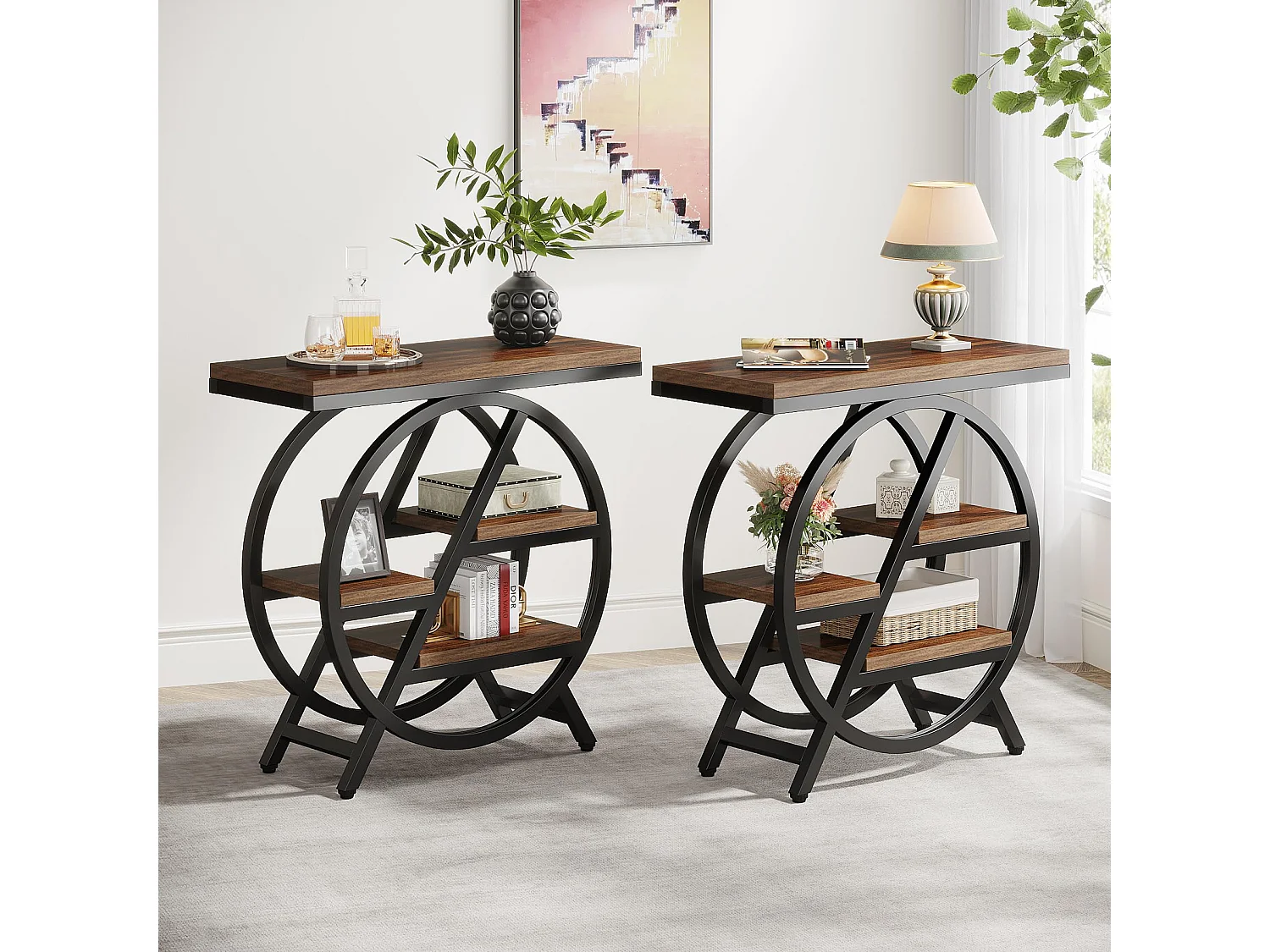 Table d'appoint étroite à 3 niveaux pour salon, table d'appoint en bois avec cadre géométrique en métal, chevet industriel et chevet pour chambre