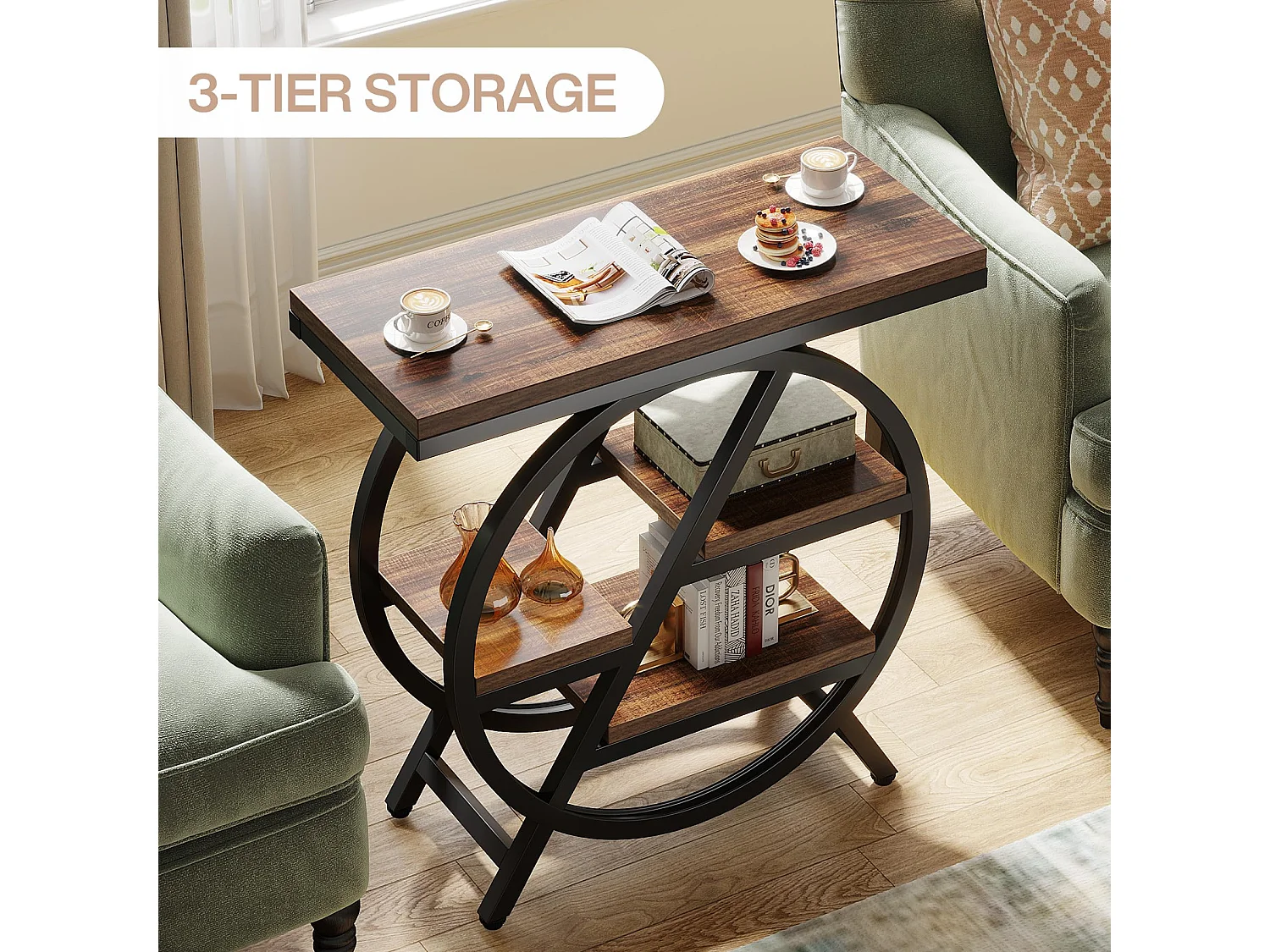 Table d'appoint étroite à 3 niveaux pour salon, table d'appoint en bois avec cadre géométrique en métal, chevet industriel et chevet pour chambre