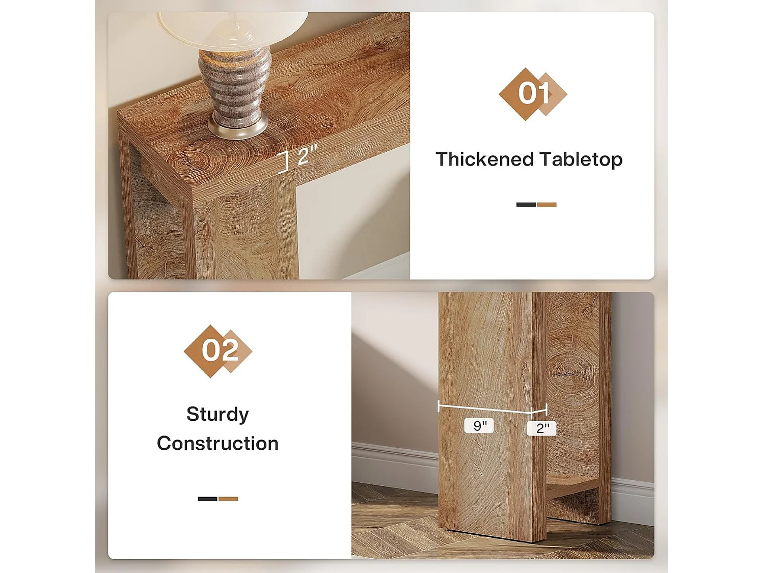 Table Console, 160 x 29, 5 x 85 cm, Table d'entrée en Bois de Style Maison de Campagne pour entrée, Couloir, Salon, Chêne