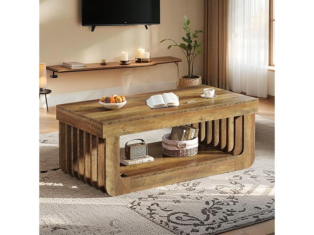 Table Basse de Style Campagnard 119 cm - 2 Niveaux de Rangement - Table Centrale en Bois d'Ingénierie Brun Rustique - Meuble Rectangulaire Robuste pour Salon