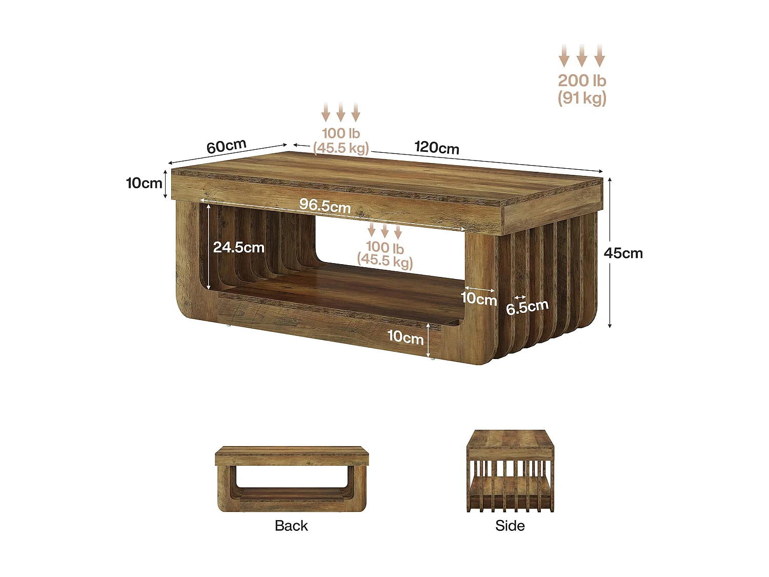 Table Basse de Style Campagnard 119 cm - 2 Niveaux de Rangement - Table Centrale en Bois d'Ingénierie Brun Rustique - Meuble Rectangulaire Robuste pour Salon