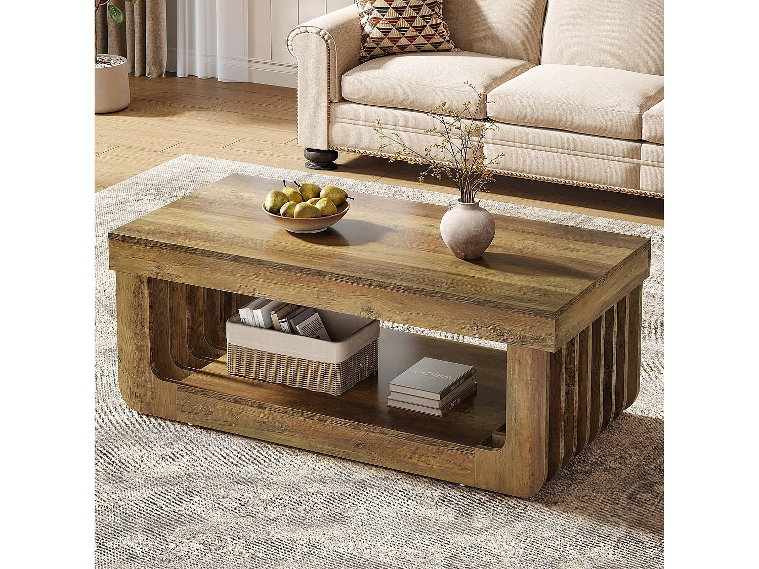 Table Basse de Style Campagnard 119 cm - 2 Niveaux de Rangement - Table Centrale en Bois d'Ingénierie Brun Rustique - Meuble Rectangulaire Robuste pour Salon