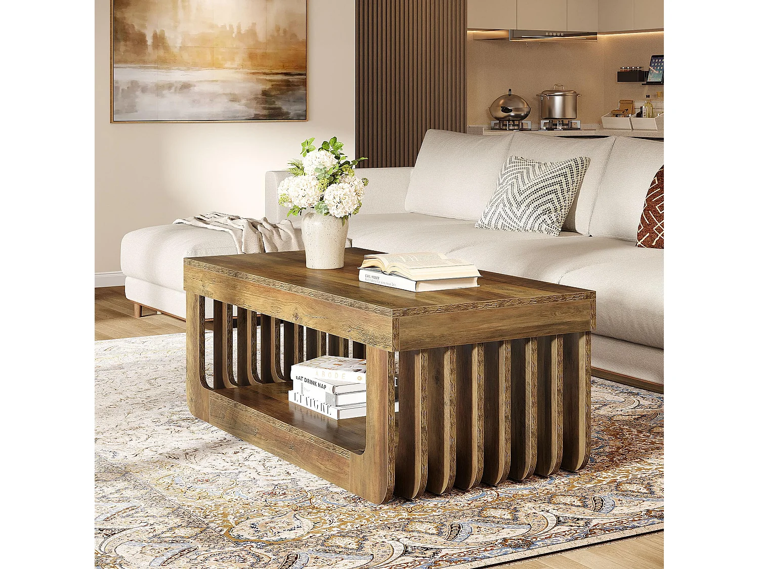 Table Basse de Style Campagnard 119 cm - 2 Niveaux de Rangement - Table Centrale en Bois d'Ingénierie Brun Rustique - Meuble Rectangulaire Robuste pour Salon