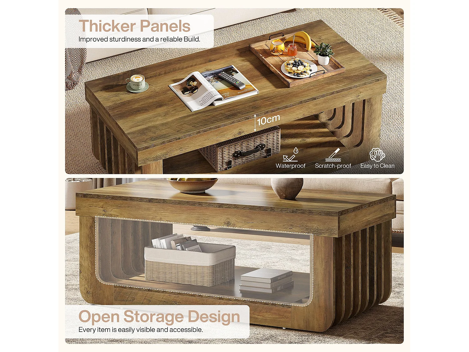 Table Basse de Style Campagnard 119 cm - 2 Niveaux de Rangement - Table Centrale en Bois d'Ingénierie Brun Rustique - Meuble Rectangulaire Robuste pour Salon