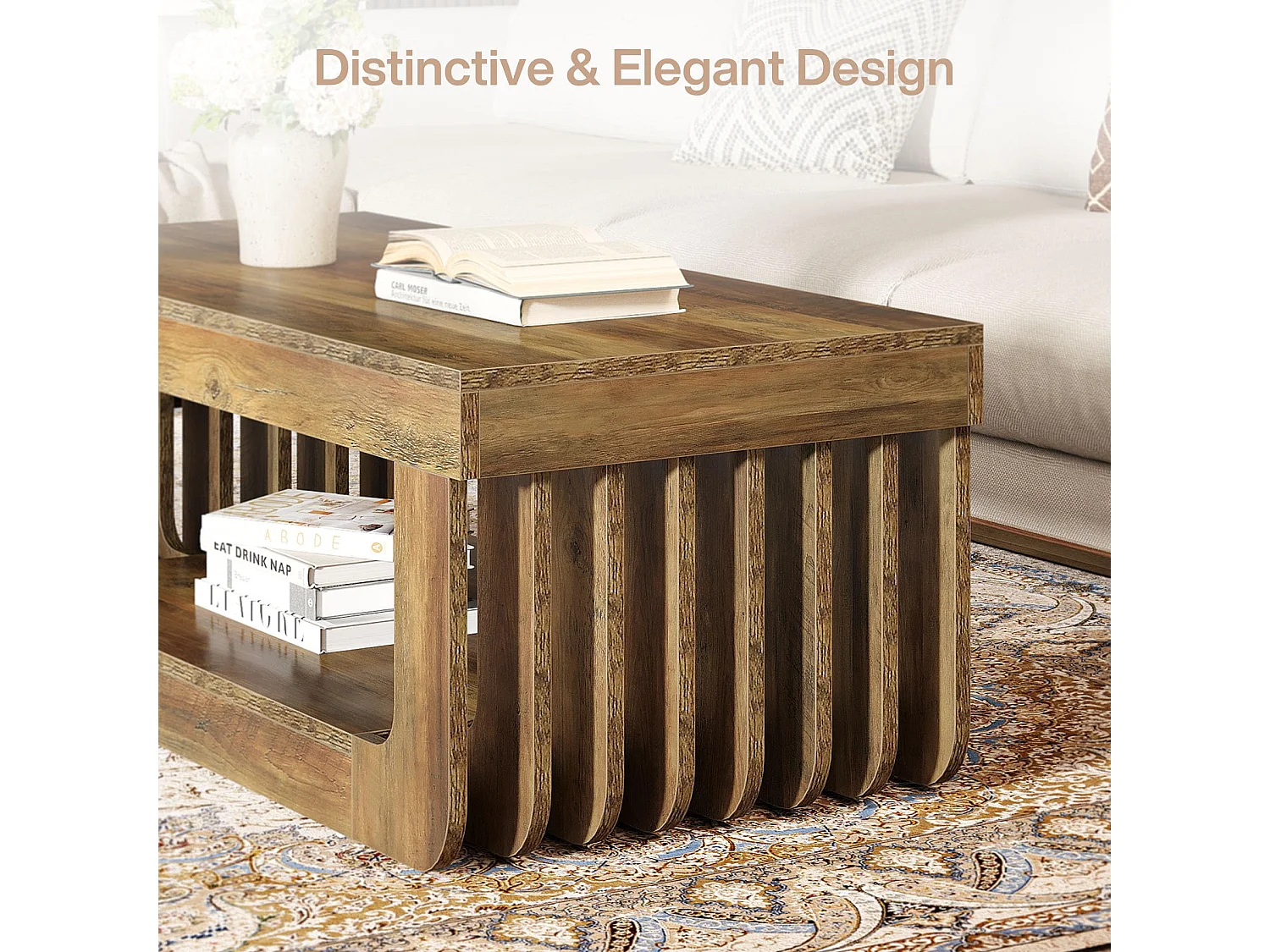 Table Basse de Style Campagnard 119 cm - 2 Niveaux de Rangement - Table Centrale en Bois d'Ingénierie Brun Rustique - Meuble Rectangulaire Robuste pour Salon