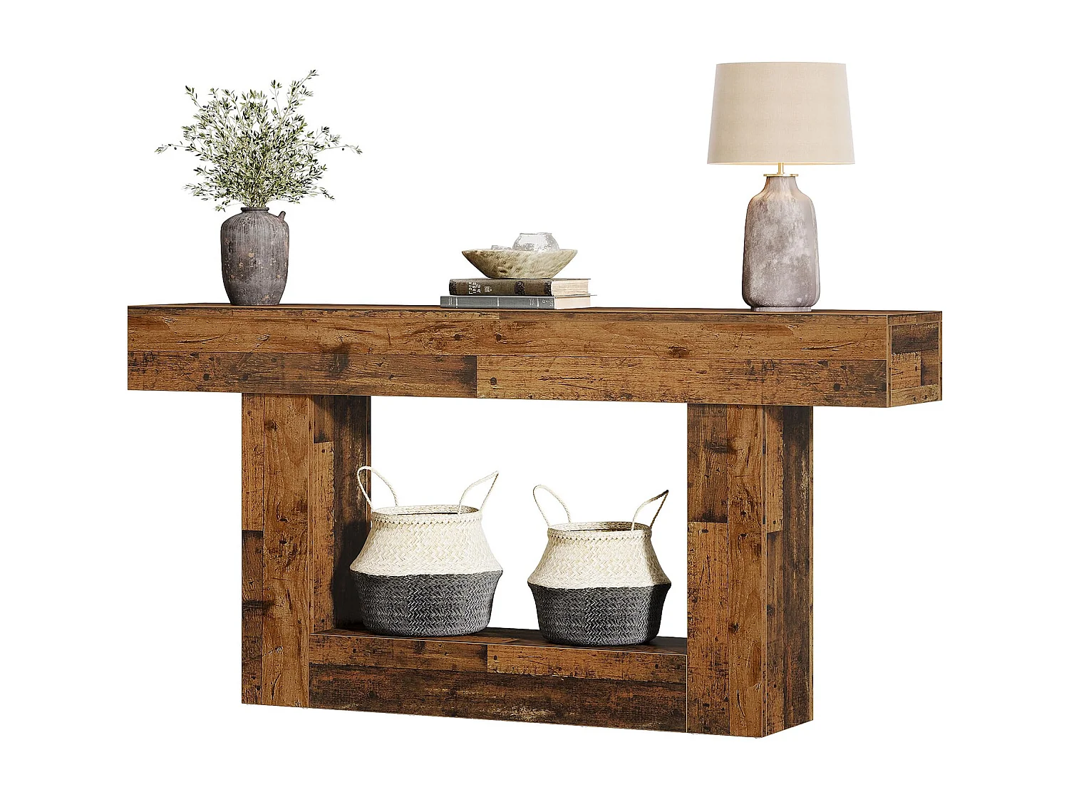 Table console de 160 cm de long - Table d'Entrée à 2 Étagères avec Rangement - Bois Rustique Marron pour Salon et Couloir