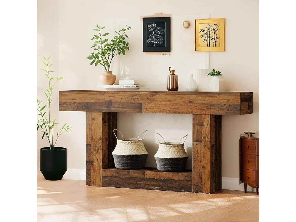 Table console de 160 cm de long - Table d'Entrée à 2 Étagères avec Rangement - Bois Rustique Marron pour Salon et Couloir
