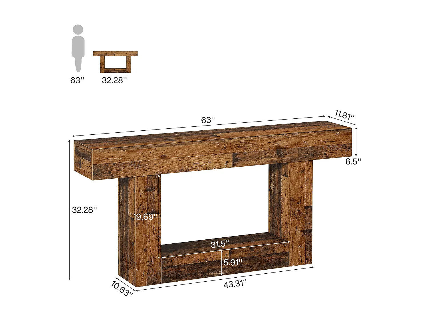 Table console de 160 cm de long - Table d'Entrée à 2 Étagères avec Rangement - Bois Rustique Marron pour Salon et Couloir