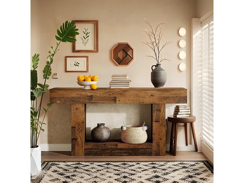 Table console de 160 cm de long - Table d'Entrée à 2 Étagères avec Rangement - Bois Rustique Marron pour Salon et Couloir