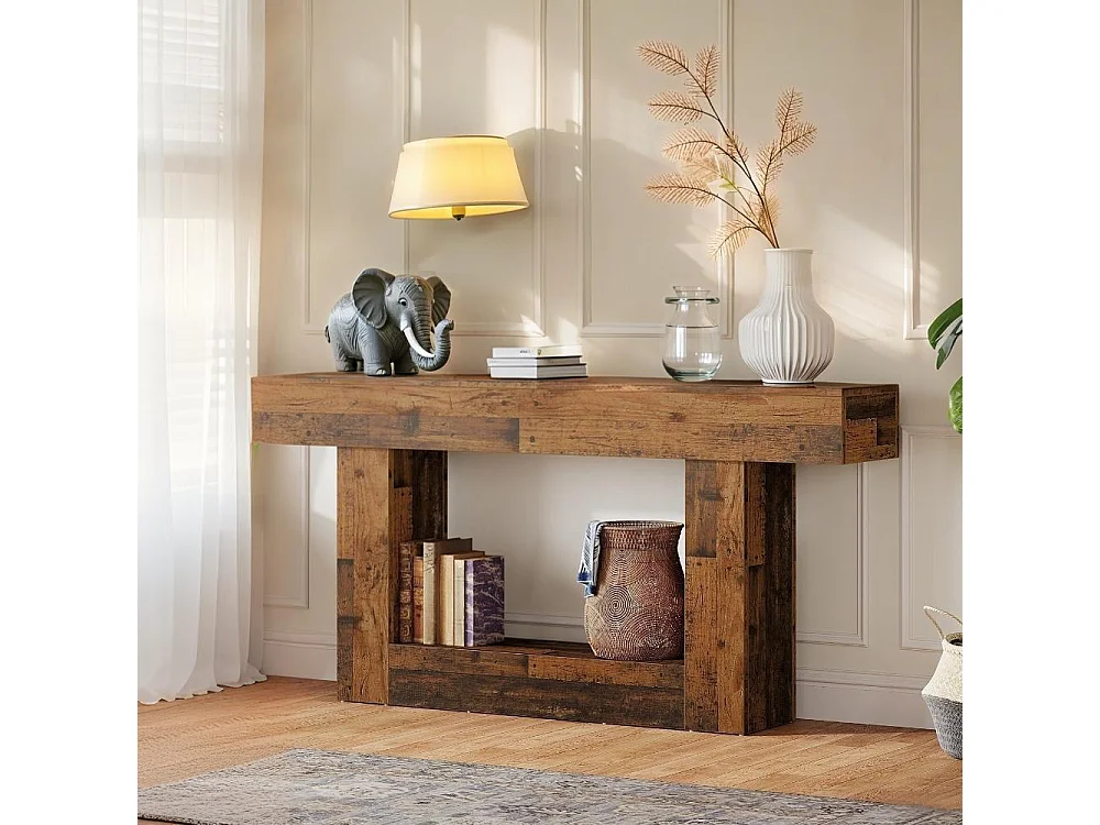 Table console de 160 cm de long - Table d'Entrée à 2 Étagères avec Rangement - Bois Rustique Marron pour Salon et Couloir