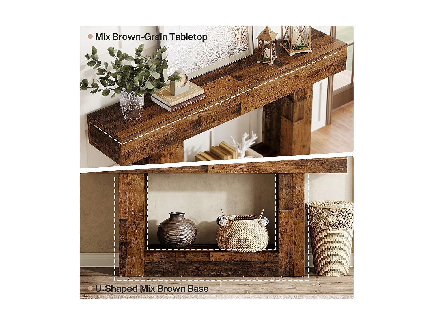 Table console de 160 cm de long - Table d'Entrée à 2 Étagères avec Rangement - Bois Rustique Marron pour Salon et Couloir