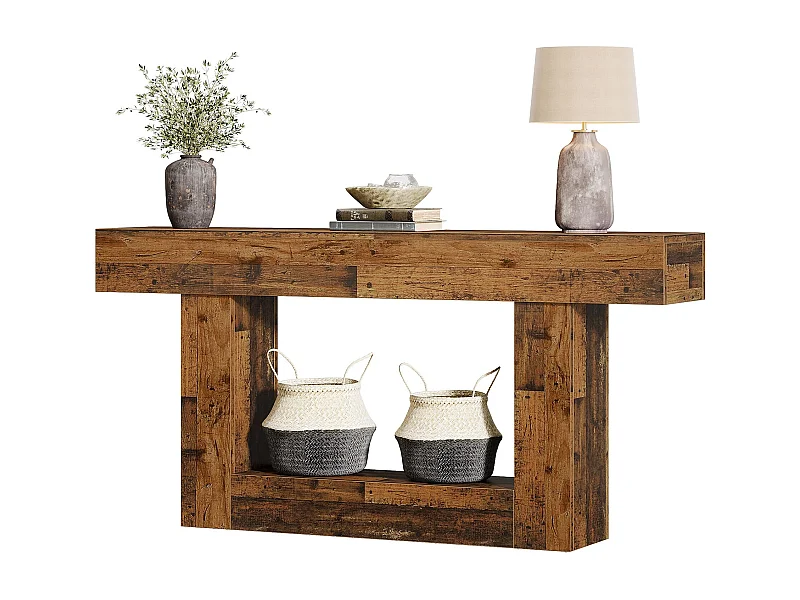 Table console de 160 cm de long - Table d'Entrée à 2 Étagères avec Rangement - Bois Rustique Marron pour Salon et Couloir