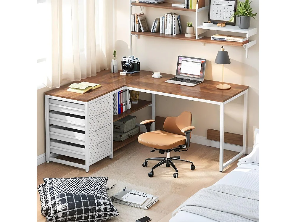 Bureau d'angle en L Professionnel ,150x110x75cm ,4 Tiroirs de Rangement,Cadre Métal Blanc Industriel,Bureau à Domicile Ergonomique