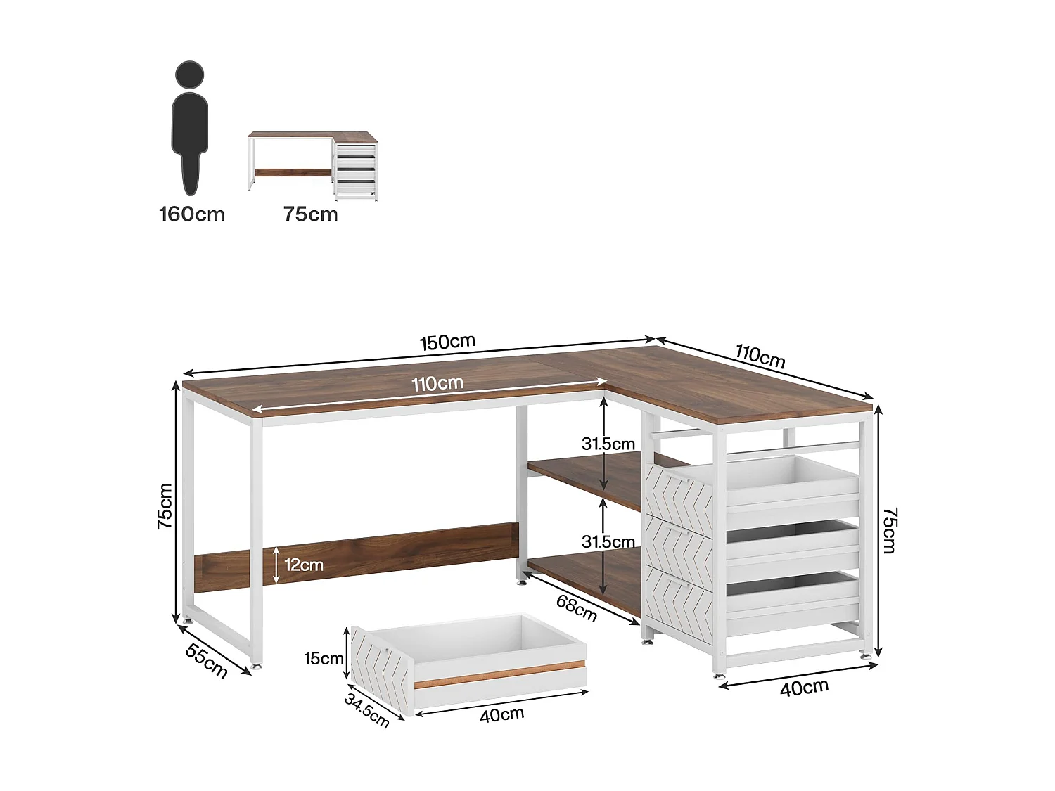 Bureau d'angle en L Professionnel ,150x110x75cm ,4 Tiroirs de Rangement,Cadre Métal Blanc Industriel,Bureau à Domicile Ergonomique