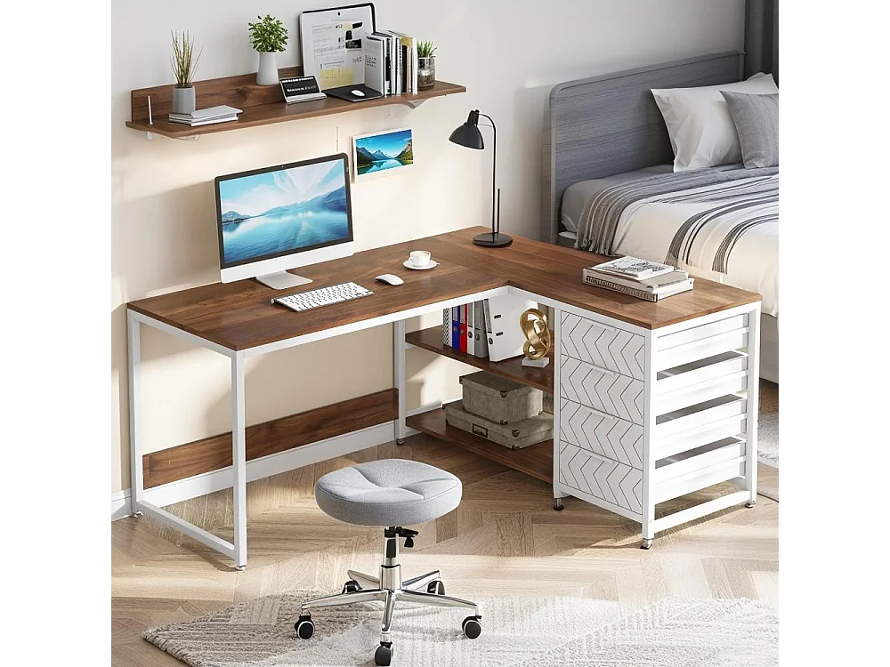 Bureau d'angle en L Professionnel ,150x110x75cm ,4 Tiroirs de Rangement,Cadre Métal Blanc Industriel,Bureau à Domicile Ergonomique