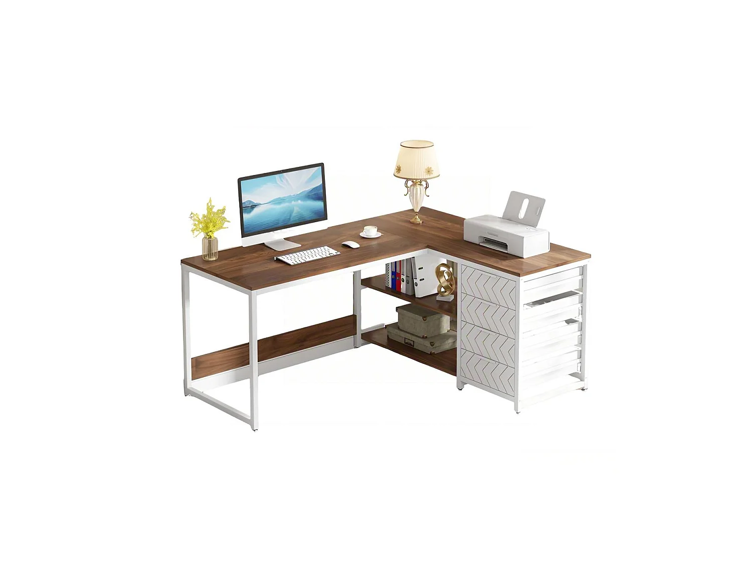 Bureau d'angle en L Professionnel ,150x110x75cm ,4 Tiroirs de Rangement,Cadre Métal Blanc Industriel,Bureau à Domicile Ergonomique
