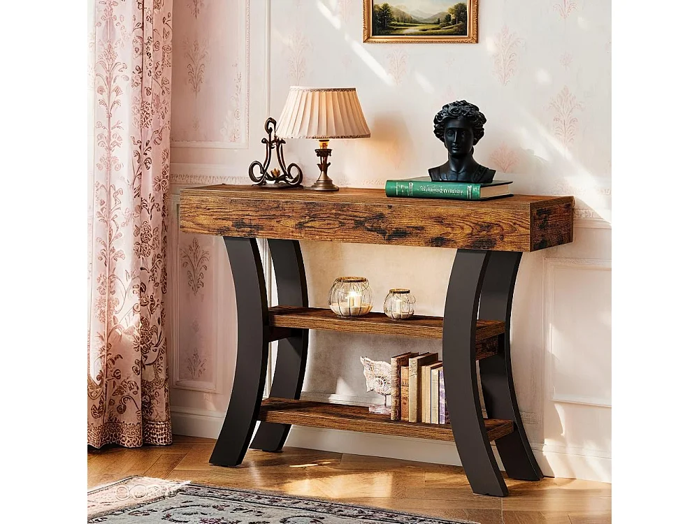 Table Console 105 cm, Table d'Entrée à 3 Niveaux Étagères de Rangement avec Cadre Courbé en Bois Ingénierie , pour Salon, Couloir ou Hall, Finition Grain Naturel, P
