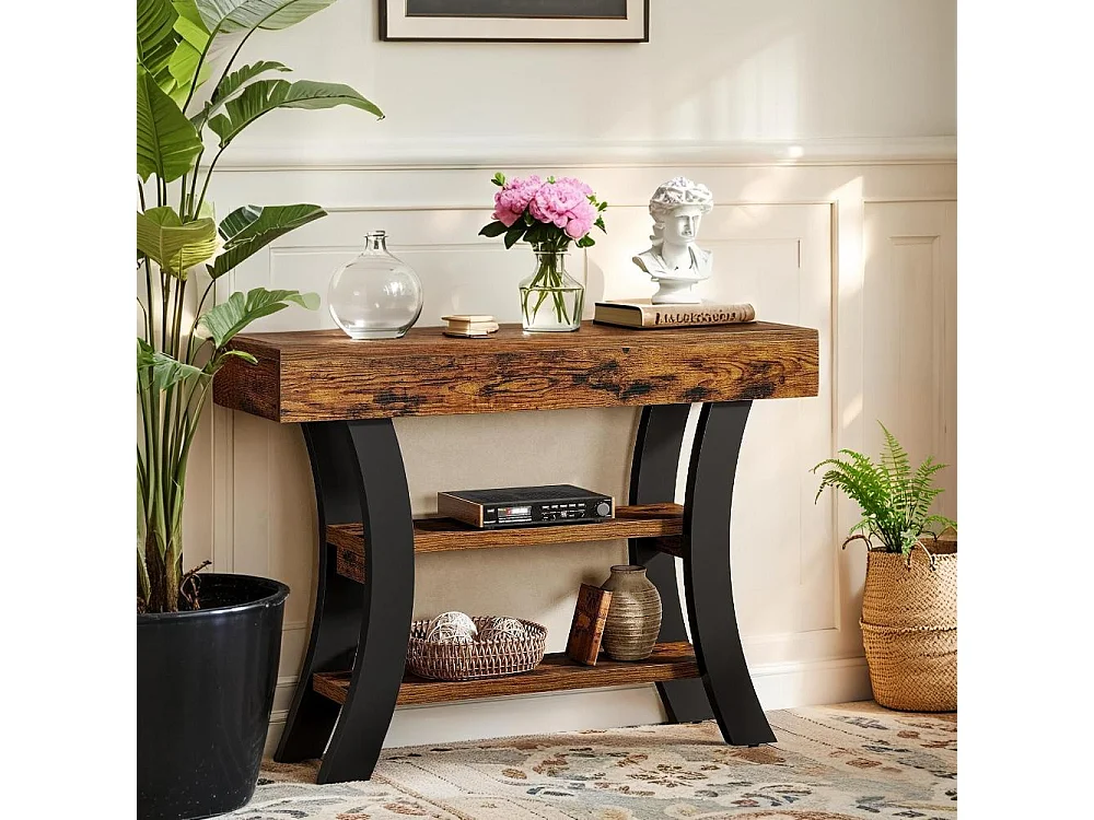 Table Console 105 cm, Table d'Entrée à 3 Niveaux Étagères de Rangement avec Cadre Courbé en Bois Ingénierie , pour Salon, Couloir ou Hall, Finition Grain Naturel, P