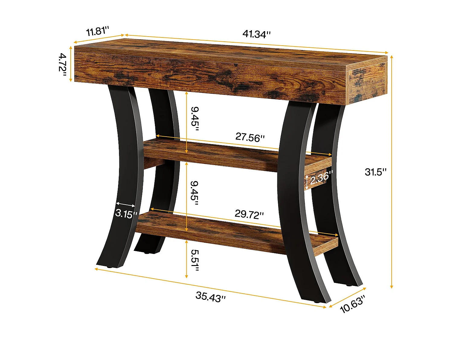Table Console 105 cm, Table d'Entrée à 3 Niveaux Étagères de Rangement avec Cadre Courbé en Bois Ingénierie , pour Salon, Couloir ou Hall, Finition Grain Naturel, P