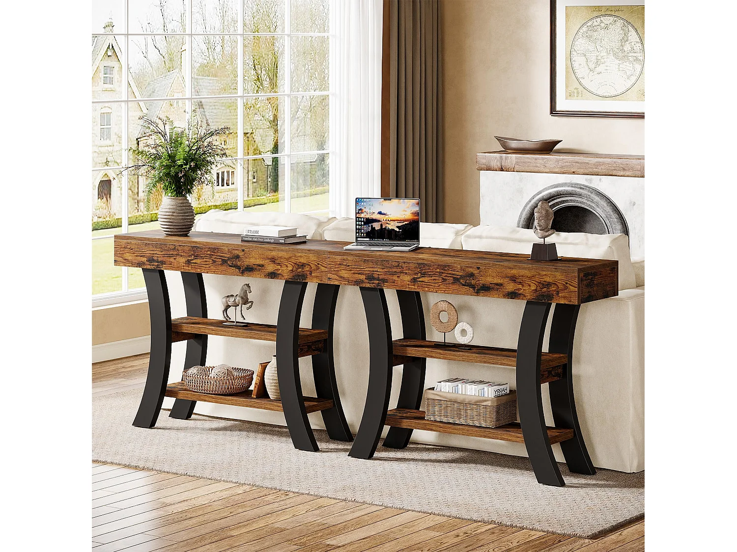 Table Console 105 cm, Table d'Entrée à 3 Niveaux Étagères de Rangement avec Cadre Courbé en Bois Ingénierie , pour Salon, Couloir ou Hall, Finition Grain Naturel, P