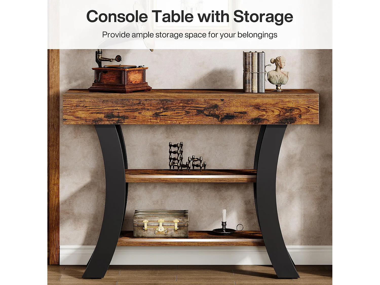 Table Console 105 cm, Table d'Entrée à 3 Niveaux Étagères de Rangement avec Cadre Courbé en Bois Ingénierie , pour Salon, Couloir ou Hall, Finition Grain Naturel, P