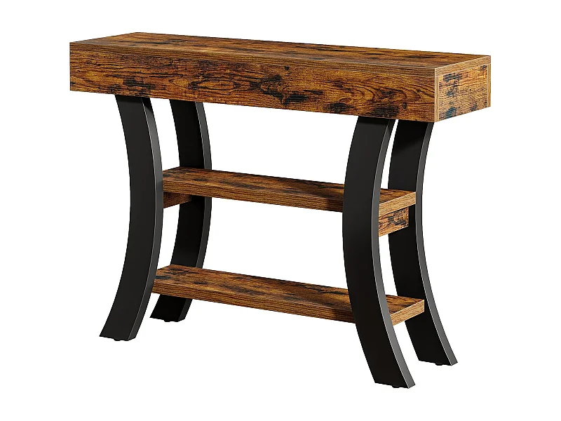 Table Console 105 cm, Table d'Entrée à 3 Niveaux Étagères de Rangement avec Cadre Courbé en Bois Ingénierie , pour Salon, Couloir ou Hall, Finition Grain Naturel, P