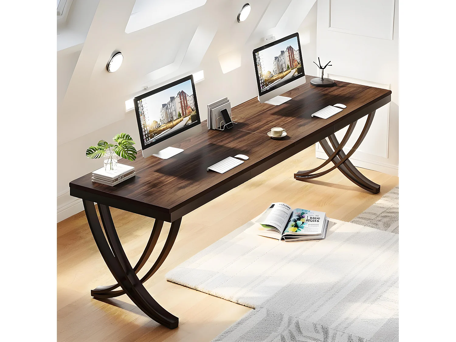 Bureau Informatique 200x70cm avec Large Plateau, Table pour Ordinateur Portable, Bureau Domicile Marron Rustique, Table Étude