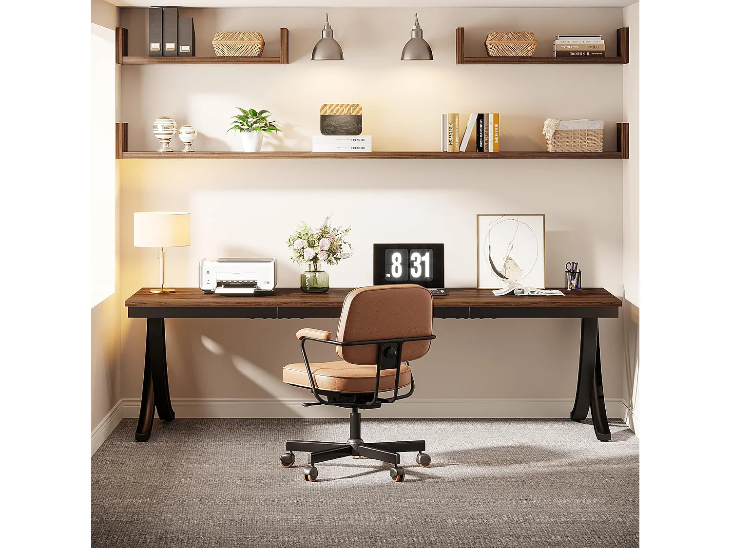 Bureau Informatique 200x70cm avec Large Plateau, Table pour Ordinateur Portable, Bureau Domicile Marron Rustique, Table Étude