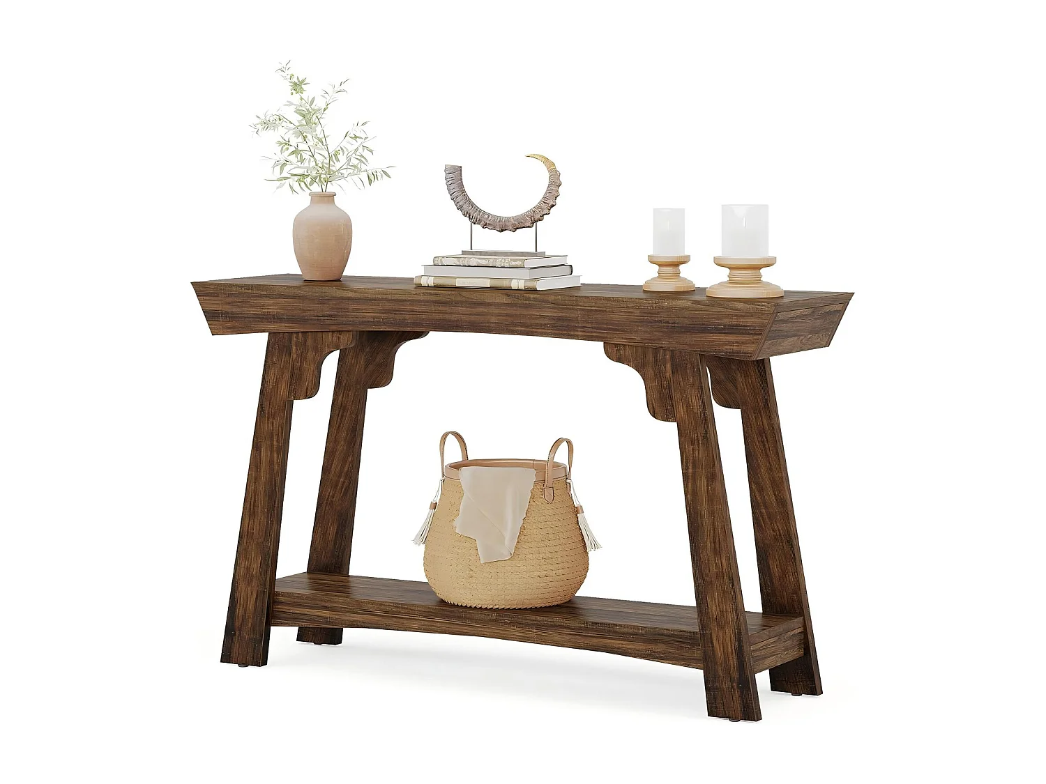 105 cm Table console en bois avec étagère de rangement à 2 niveaux, style rustique, table d'appoint étroite pour salon, entrée, couloir, marron rustique