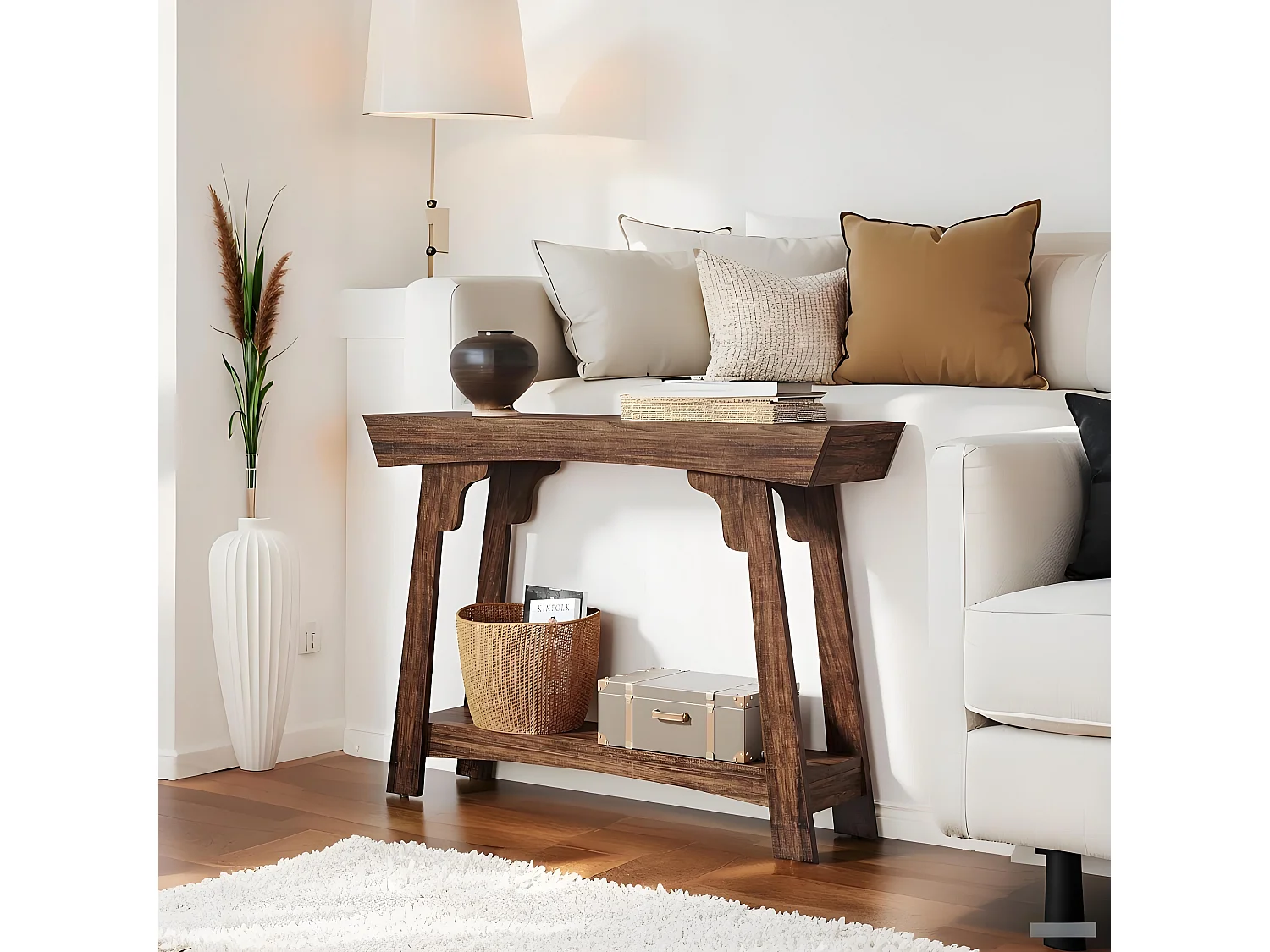 105 cm Table console en bois avec étagère de rangement à 2 niveaux, style rustique, table d'appoint étroite pour salon, entrée, couloir, marron rustique