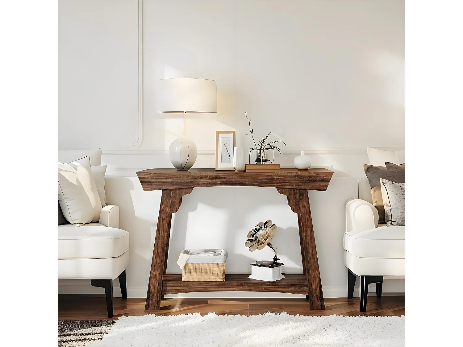 105 cm Table console en bois avec étagère de rangement à 2 niveaux, style rustique, table d'appoint étroite pour salon, entrée, couloir, marron rustique