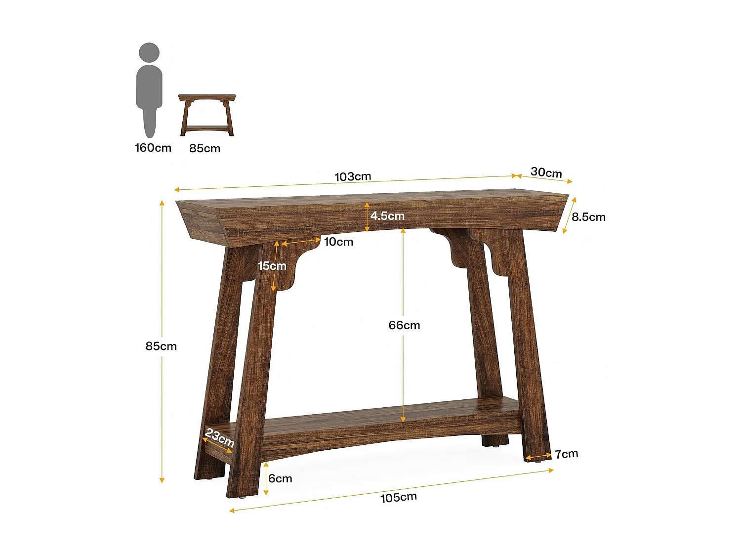 105 cm Table console en bois avec étagère de rangement à 2 niveaux, style rustique, table d'appoint étroite pour salon, entrée, couloir, marron rustique