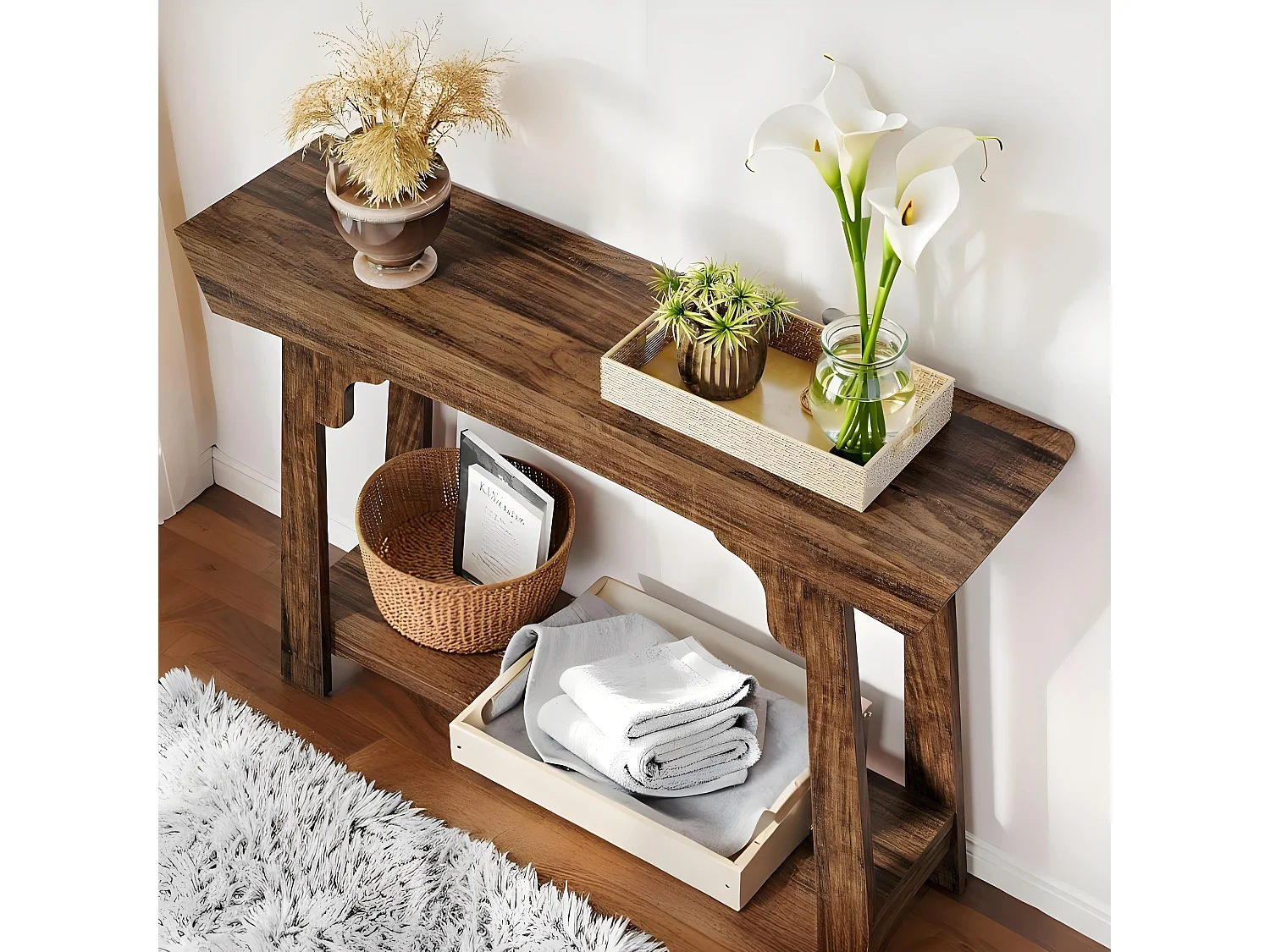 105 cm Table console en bois avec étagère de rangement à 2 niveaux, style rustique, table d'appoint étroite pour salon, entrée, couloir, marron rustique