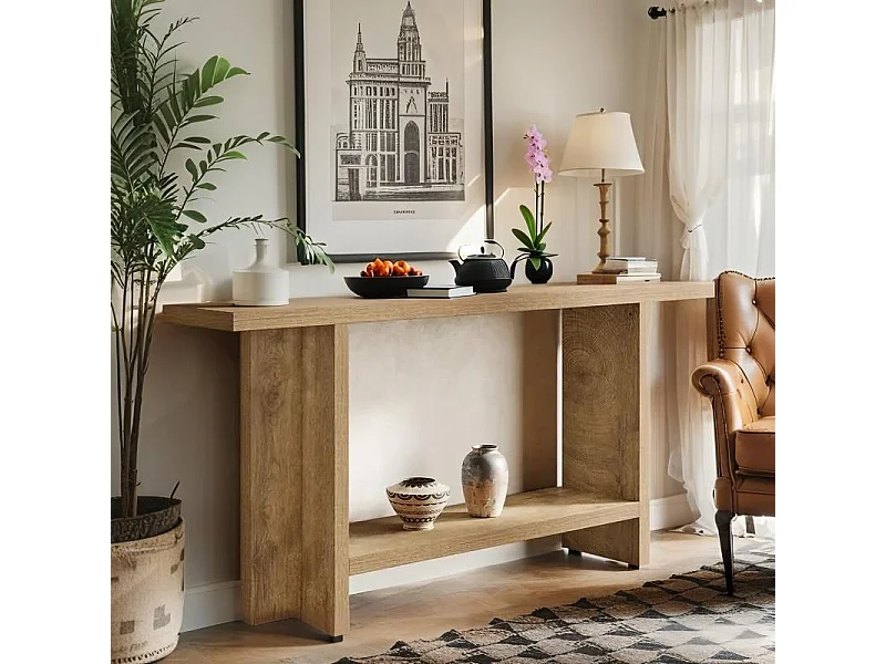 Table Console d'Entrée Étroite 150 cm - Table Derrière Canapé à 2 Niveaux - Style Maison de Campagne pour Couloir et Salon