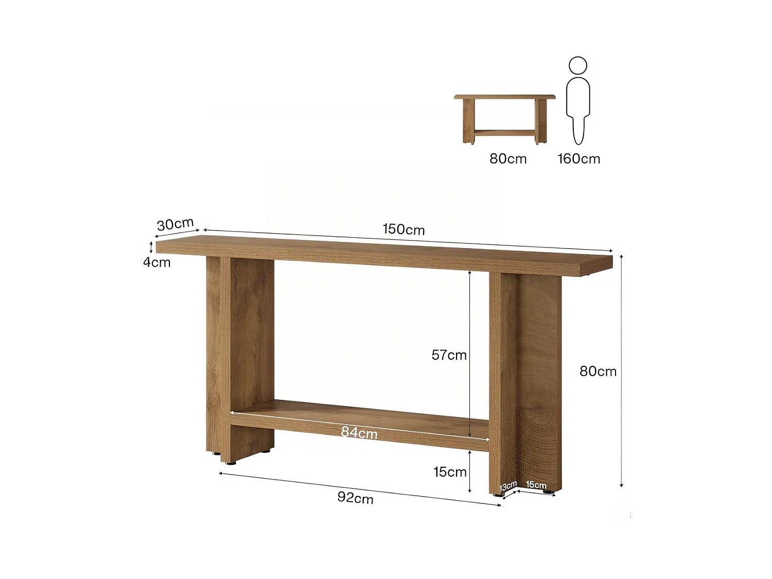 Table Console d'Entrée Étroite 150 cm - Table Derrière Canapé à 2 Niveaux - Style Maison de Campagne pour Couloir et Salon