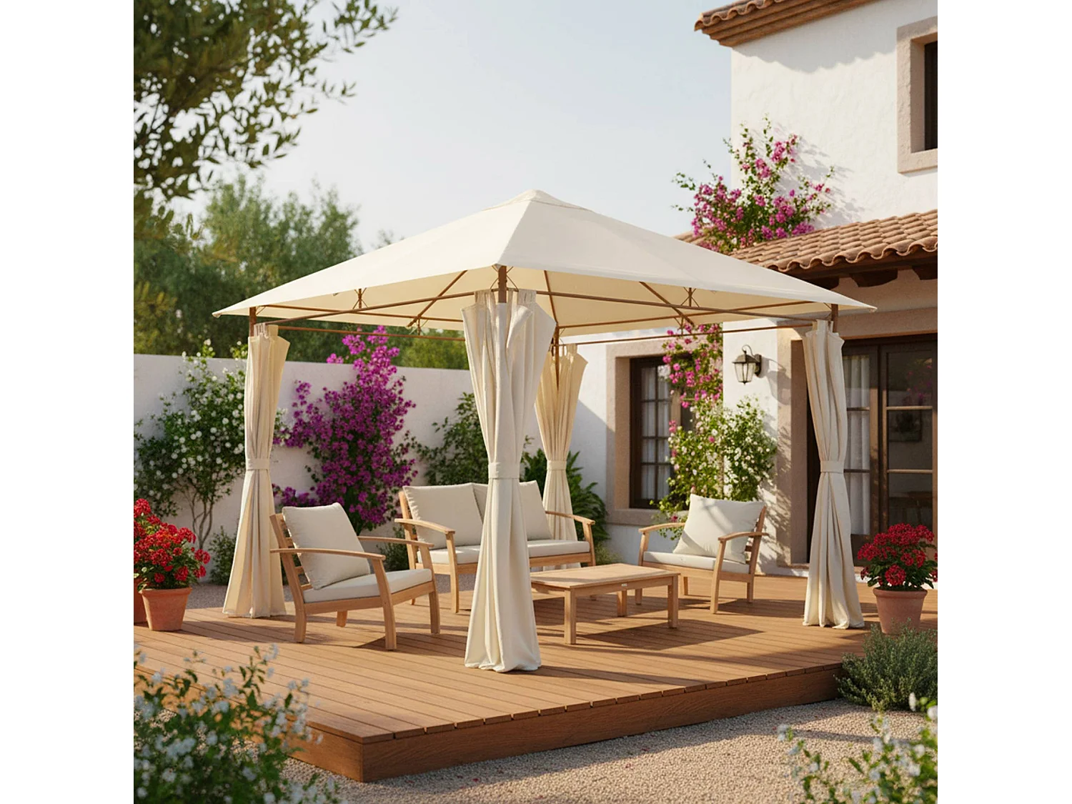 Tonnelle 3x3 m - Elusa -  Imitation bois. toile écru - Pergola avec rideaux. tente de jardin. barnum. chapiteau. réception