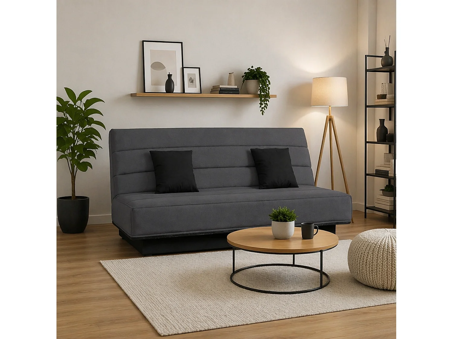 Banquette Clic-Clac 3 places MELISSA 120x190 cm Tissu Gris Confort Mousse Polyéther et Coussins
