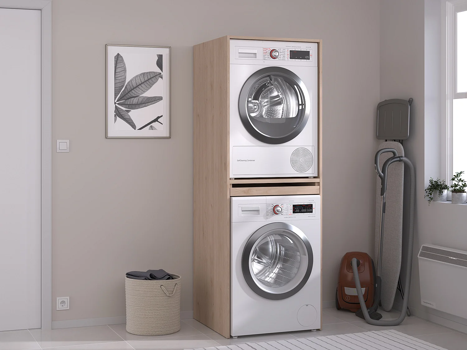 Meuble pour machine à laver et sèche-linge – Naturel clair – L64 x H184 cm – ERKANO