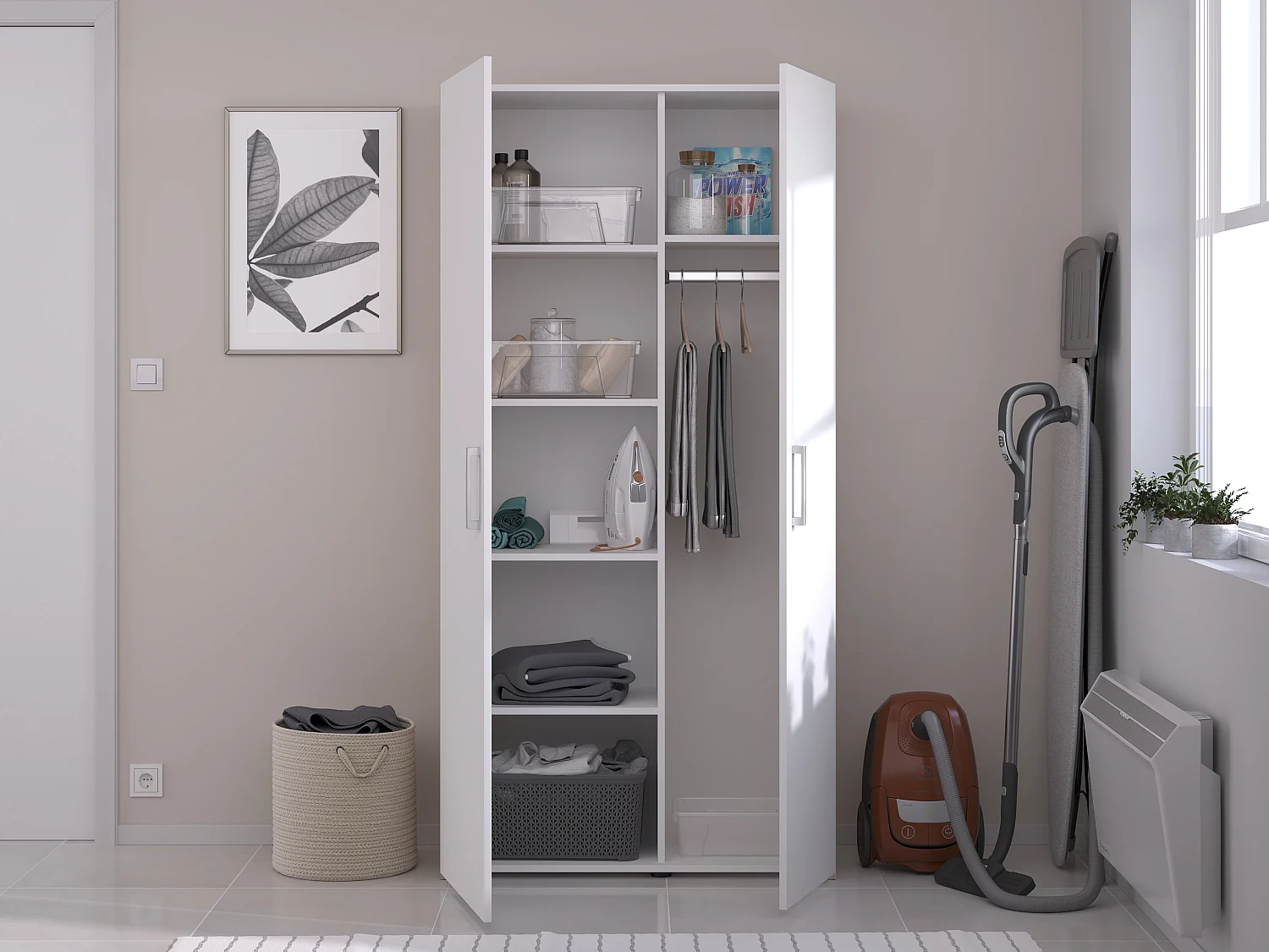 Rangement de buanderie – Naturel clair et blanc – L92 x H184 cm – ERKANO