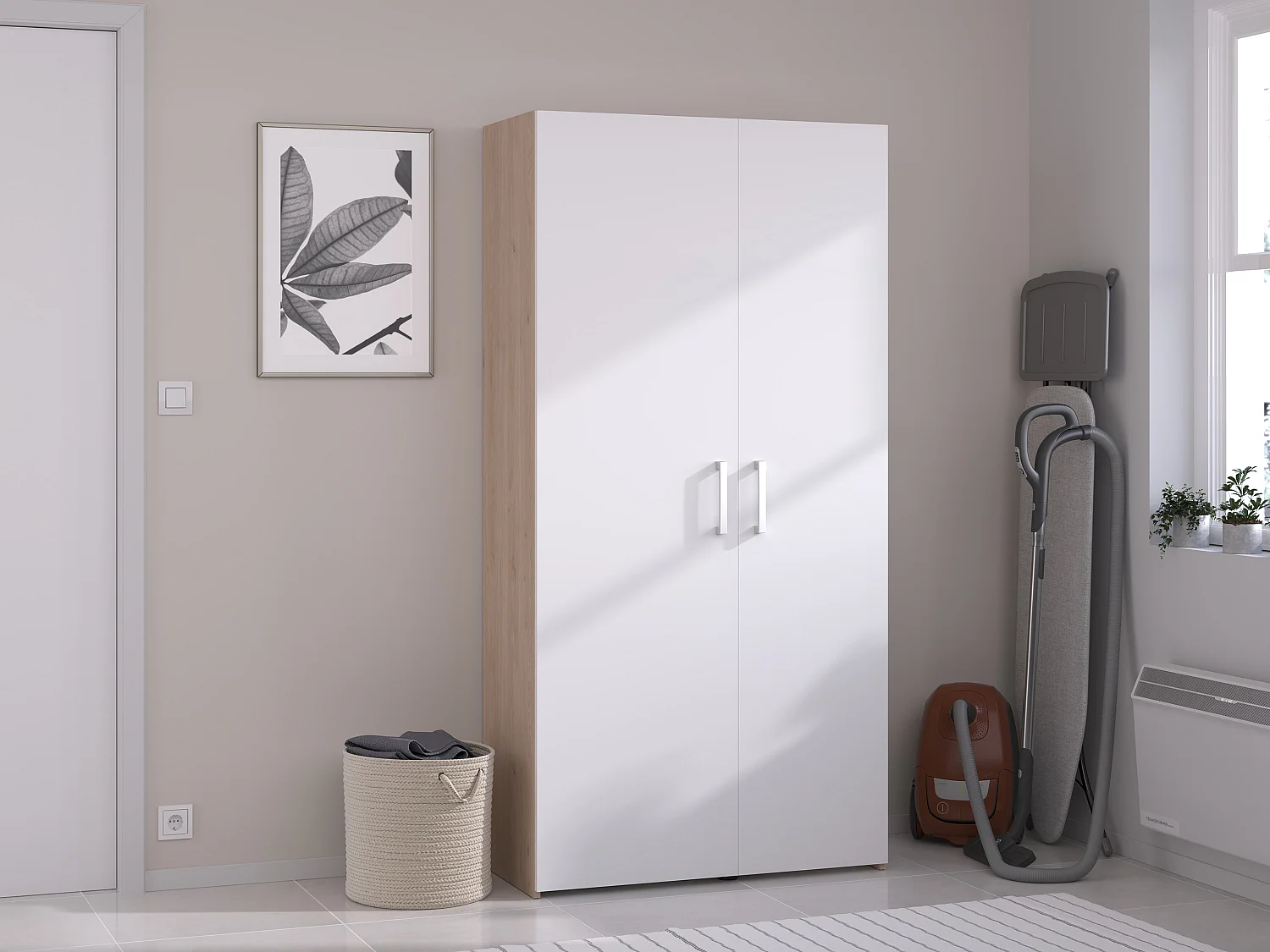 Rangement de buanderie – Naturel clair et blanc – L92 x H184 cm – ERKANO