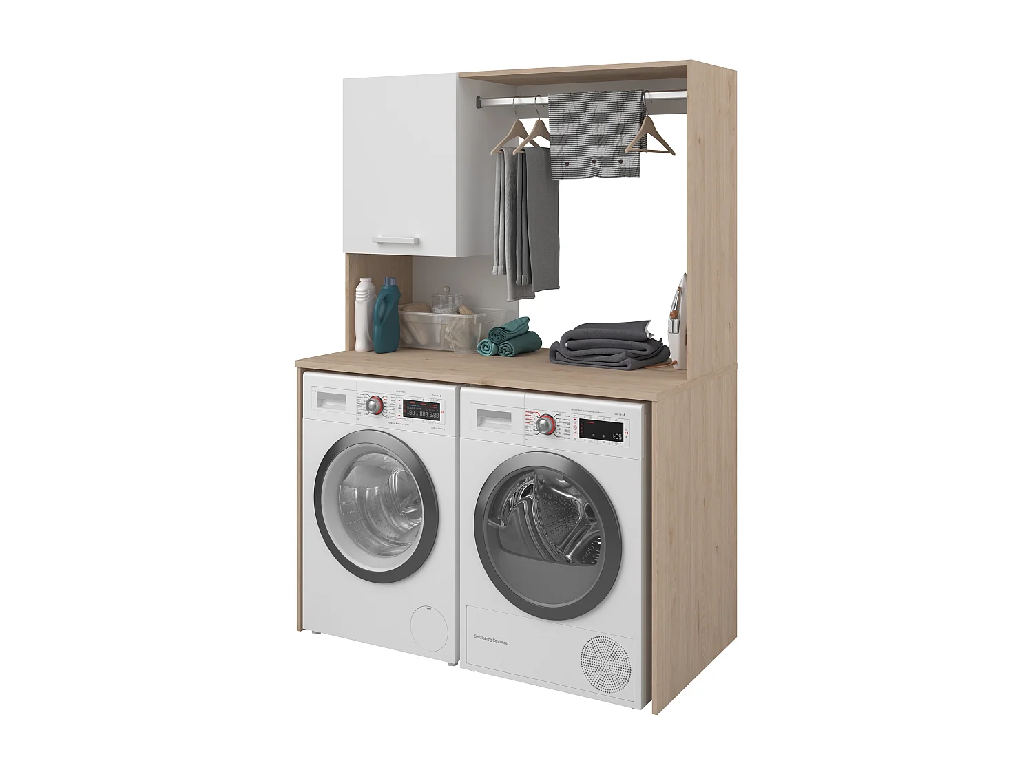 Meuble pour 2 machines à laver avec penderie et placard – L129 x H184 cm – ARNEKO