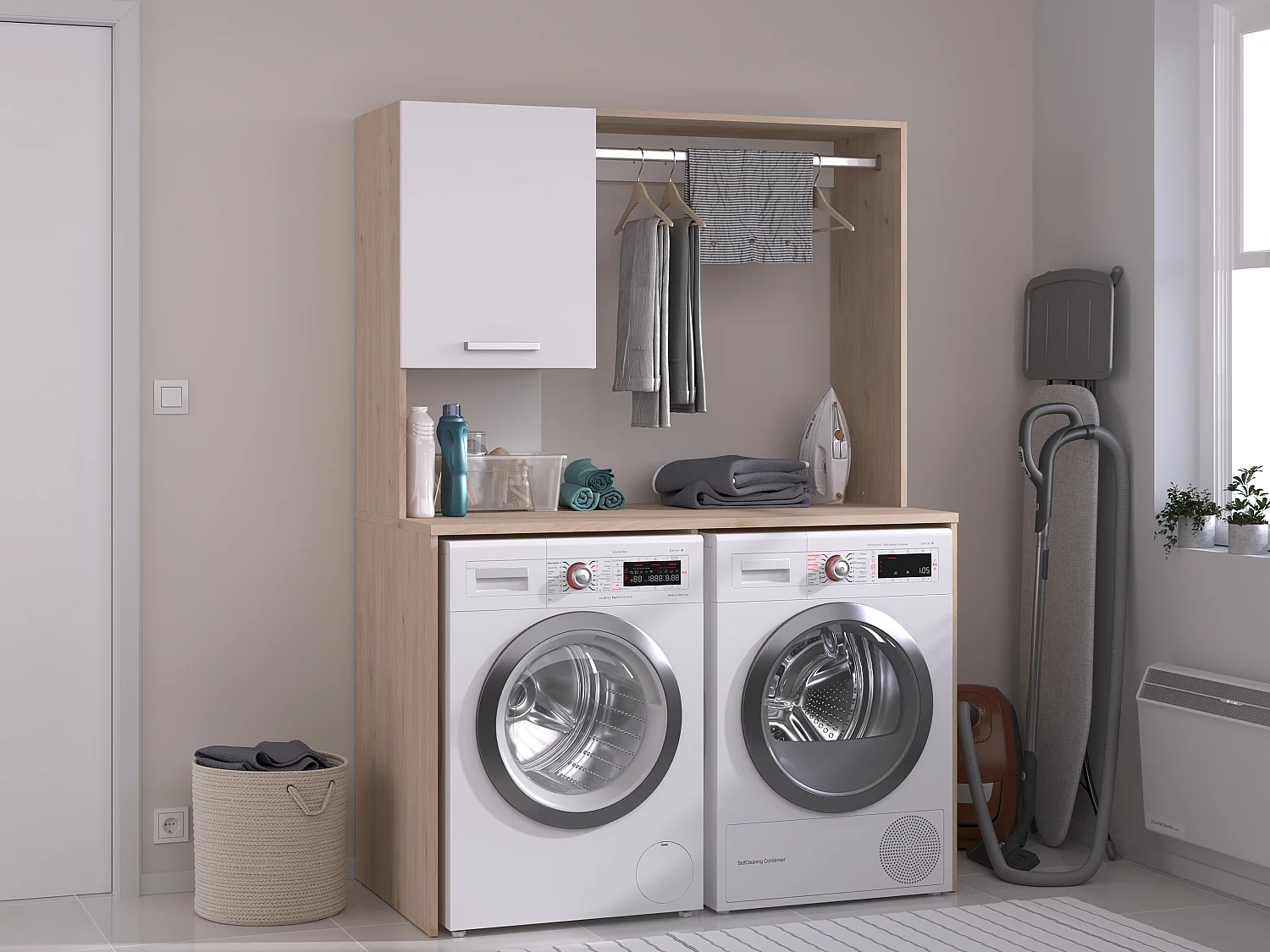 Meuble pour 2 machines à laver avec penderie et placard – L129 x H184 cm – ARNEKO
