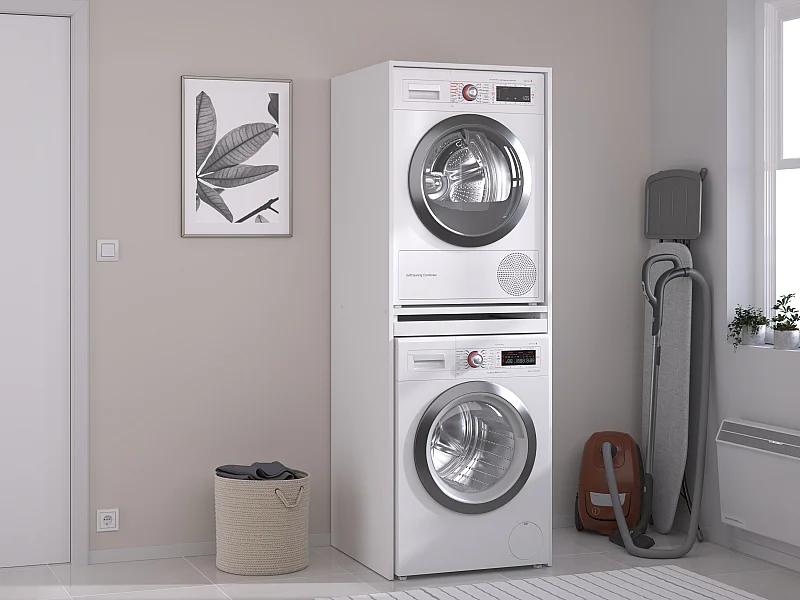 Meuble pour machine à laver et sèche-linge – Blanc – L64 x H184 cm – ERKANO