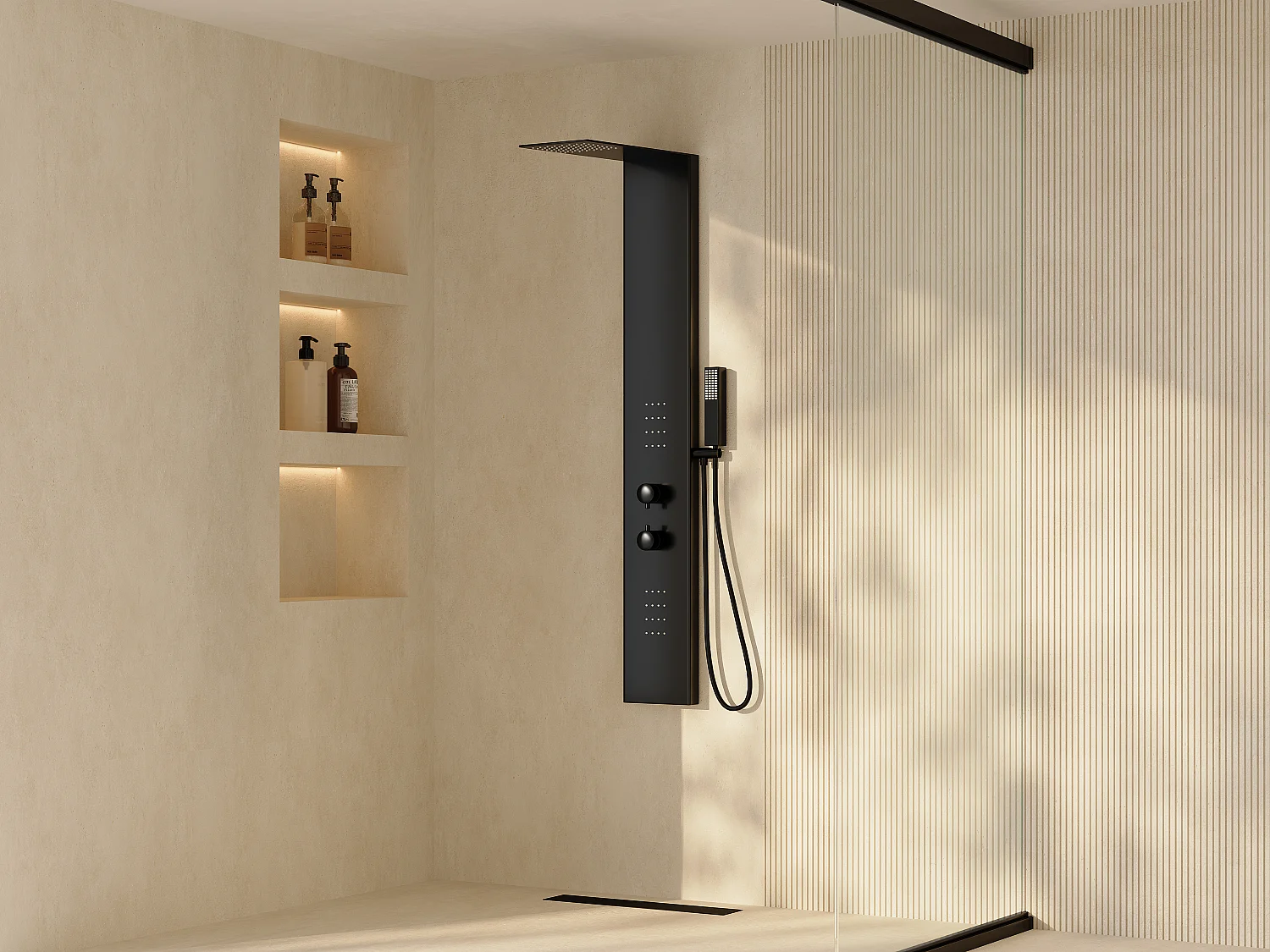 Colonne de douche hydromassante thermostatique - Noir mat - L20 x H140 cm - ZAZIA