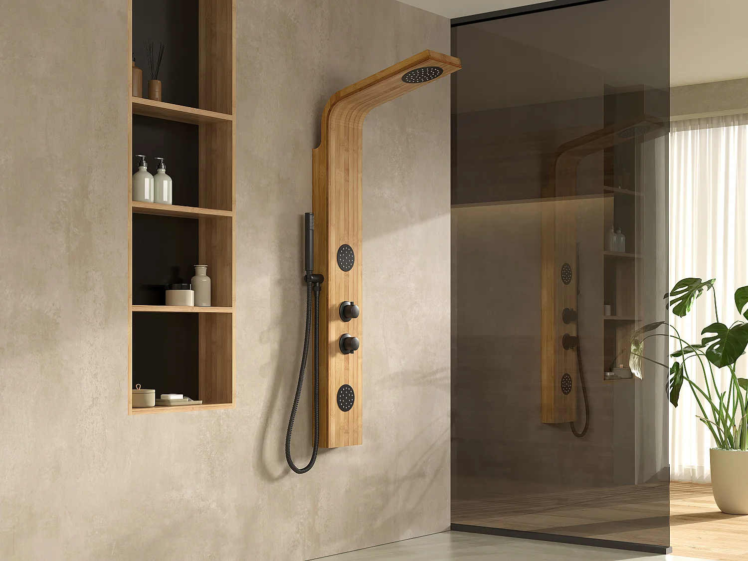 Colonne de douche hydromassante en bambou - Mitigeur mécanique - P53 x H140 cm - NEVOLA