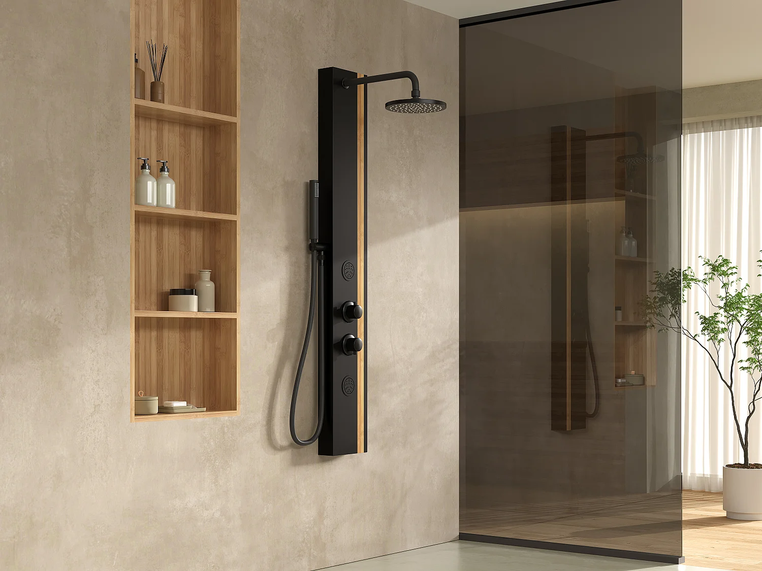 Colonne de douche hydromassante en aluminium et bambou - Mitigeur mécanique - P40 x H140 cm - ORLETA