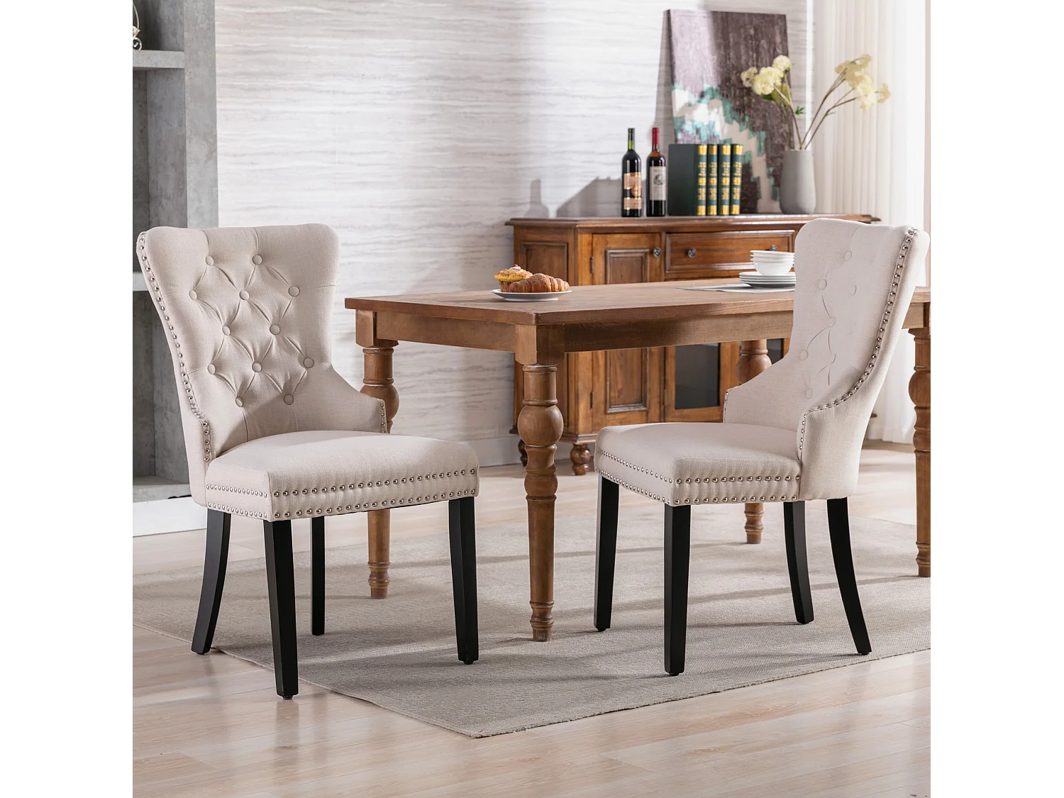 Lot de 4 chaises de salle à manger en lin - 53 x 54 x 97 cm - pieds en chêne - chaise de détente - beige